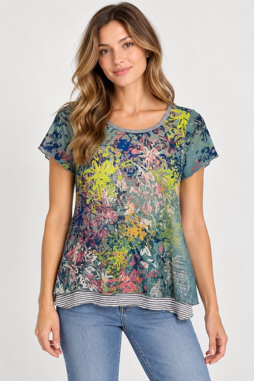 Sundance Small Floral Graffiti Print Mesh Top Gray Multicolor Artsy Layered Tee
